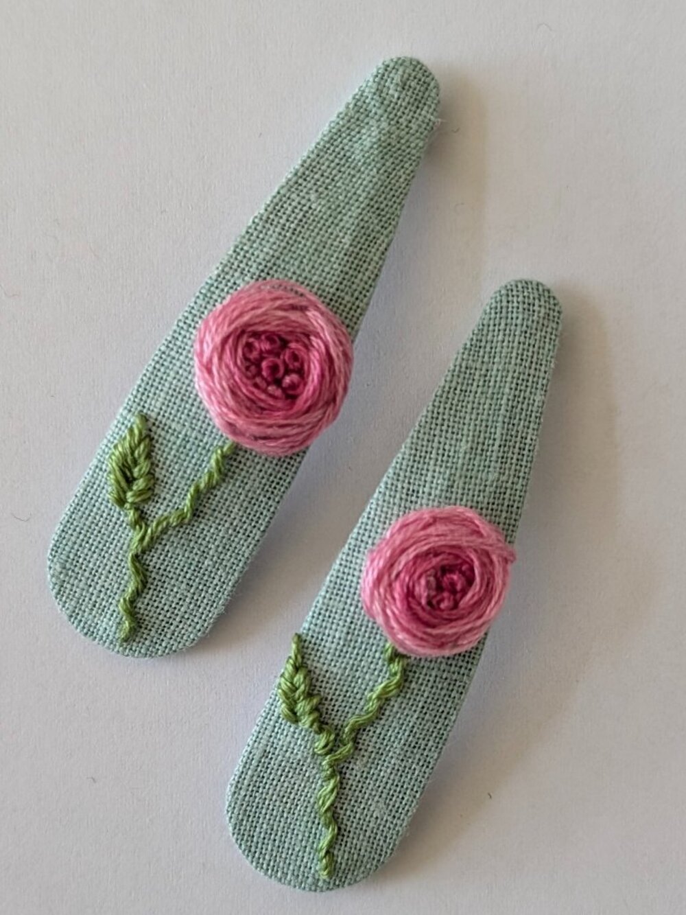 New Pink Rose hand embroidered linen cotton hair clips handmade accessories